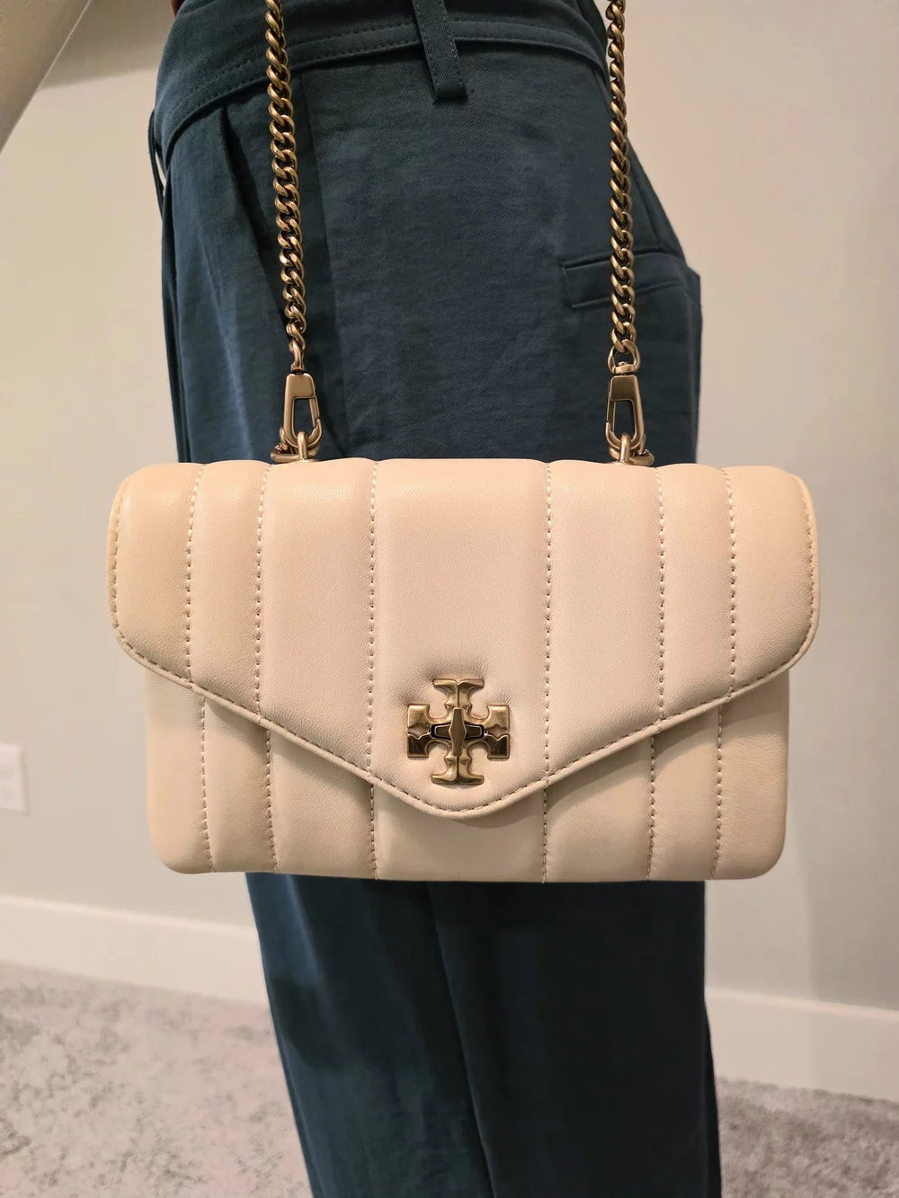 Tory Burch Cream Quilted Top-Handle Satchel with Gold Hardware